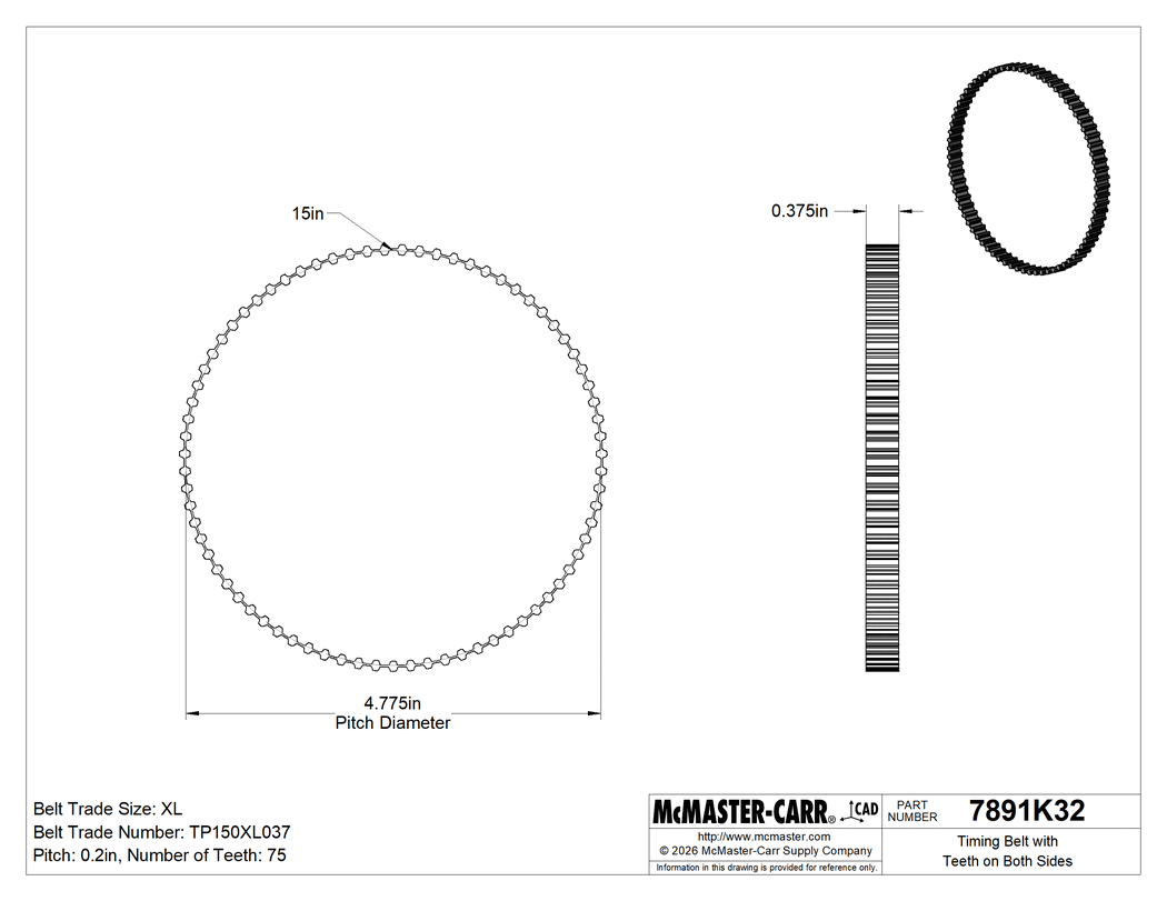 Technical Drawing of Timing Belt with Teeth on Both Sides, XL Series, 3/8" Width, Trade No. TP150xL037.